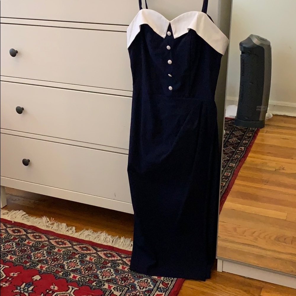Navy “pin up” dress with white collar and buttons